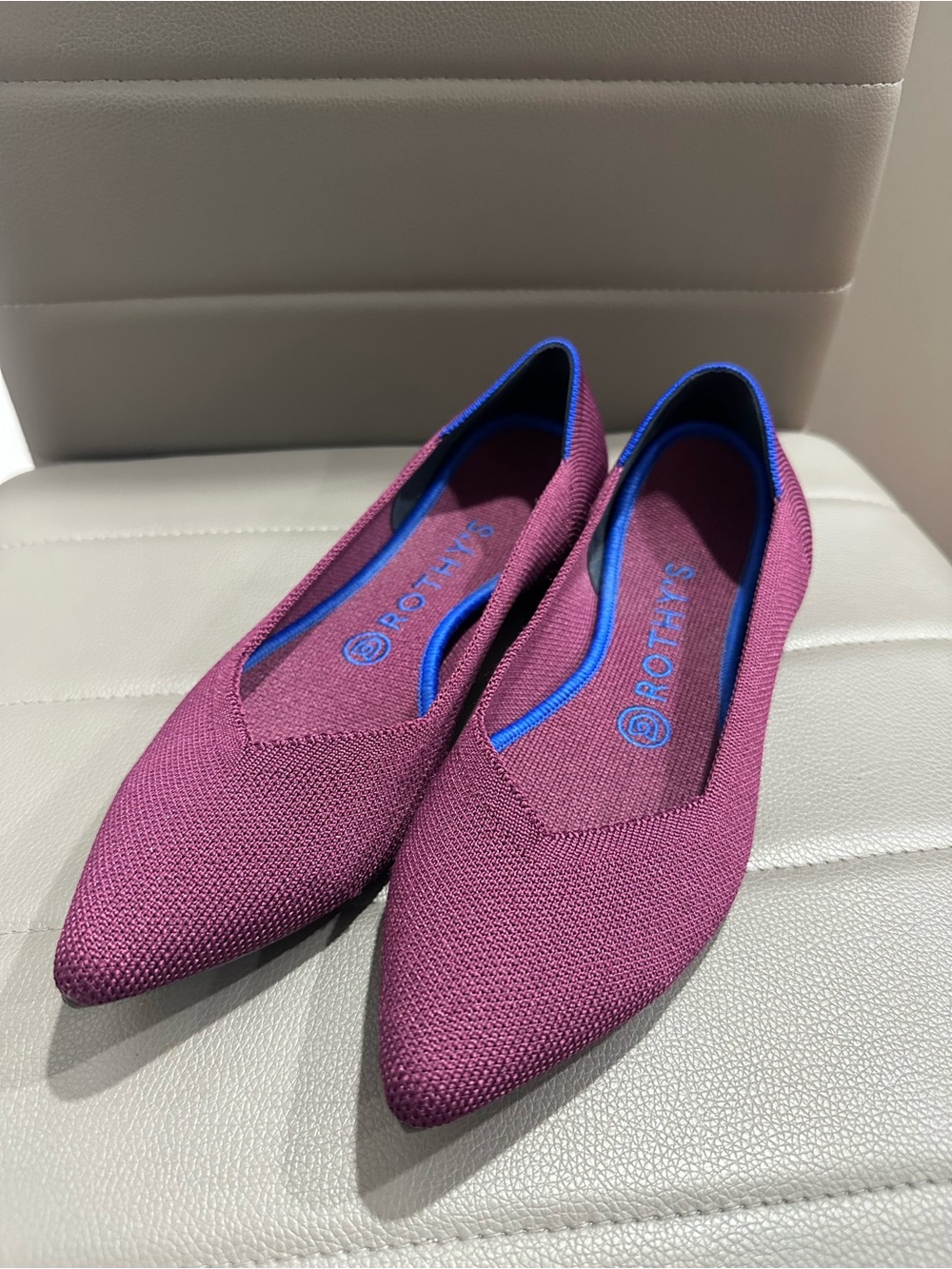 Rothy's Pointed Knit Flats in Berry Plum with Blue Trim
